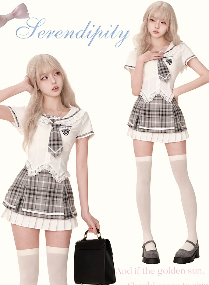 Serendipity Poly College White Shirt & Gray Plaid Skirt Two Piece Set - Image 5
