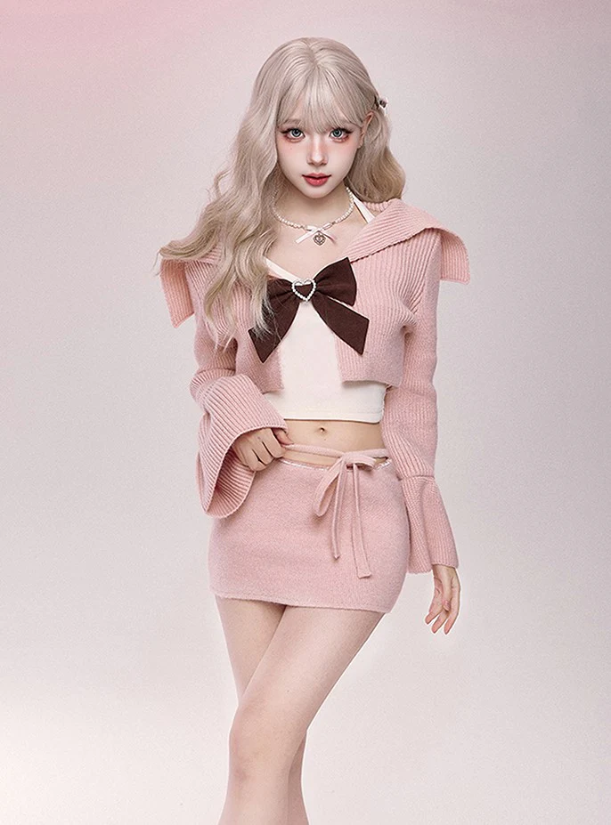 Serendipity Romantic Sweet Autumn Knit Pink Cardigan & Skirt & Halter Neck Camisole Three Piece Set - Image 3