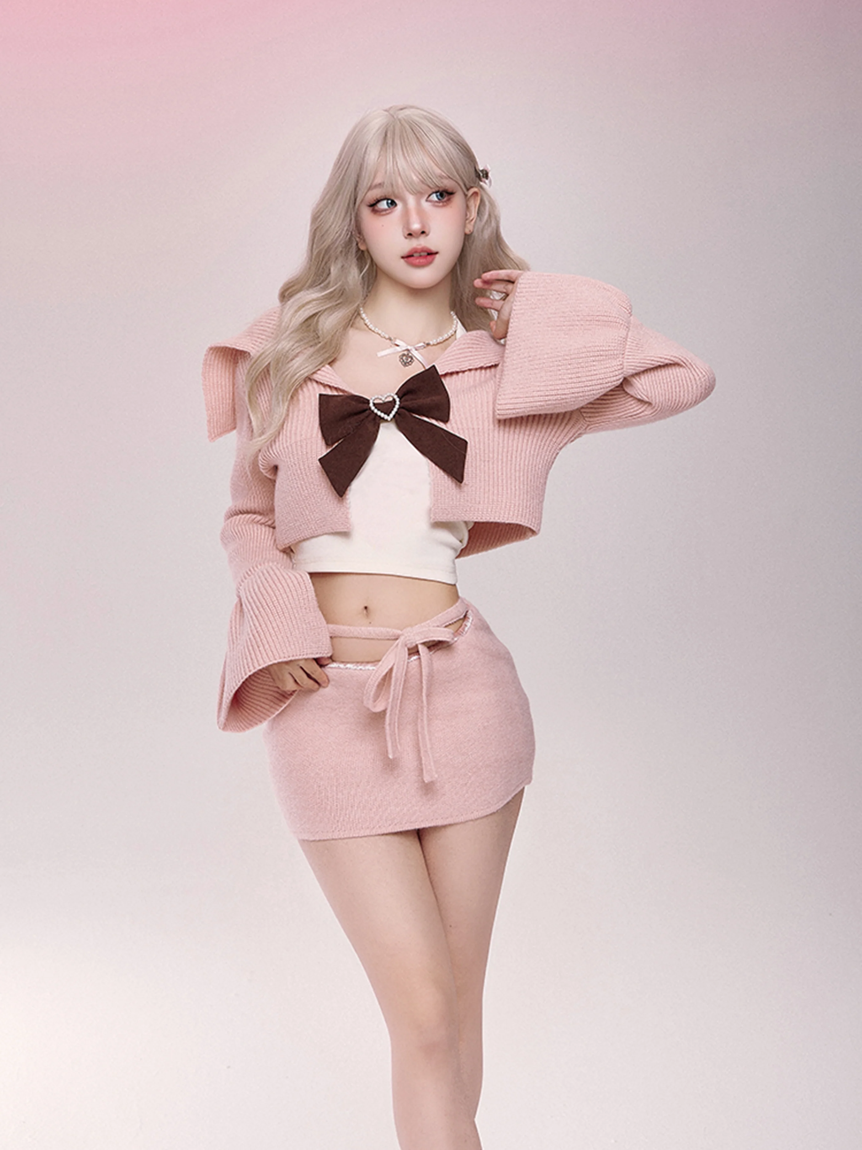 Serendipity Romantic Sweet Autumn Knit Pink Cardigan & Skirt & Halter Neck Camisole Three Piece Set - Image 5