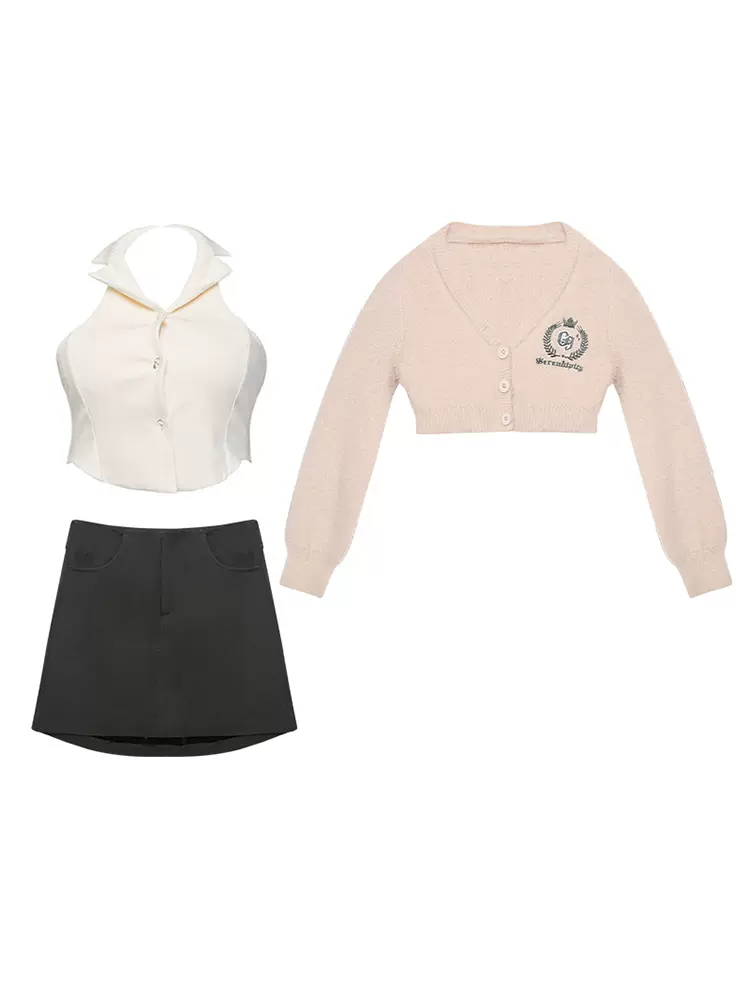 Serendipity School Girl Fuzzy Pink Cardigan & White Vest Top & Gray Skirt Three Piece Set - Image 2