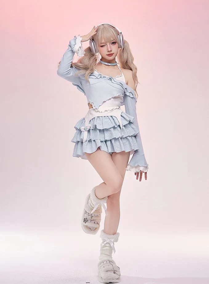 Serendipity Sea Salt Ruffled Pastel Blue Shirt Top & Skirt Two Piece Set - Image 5