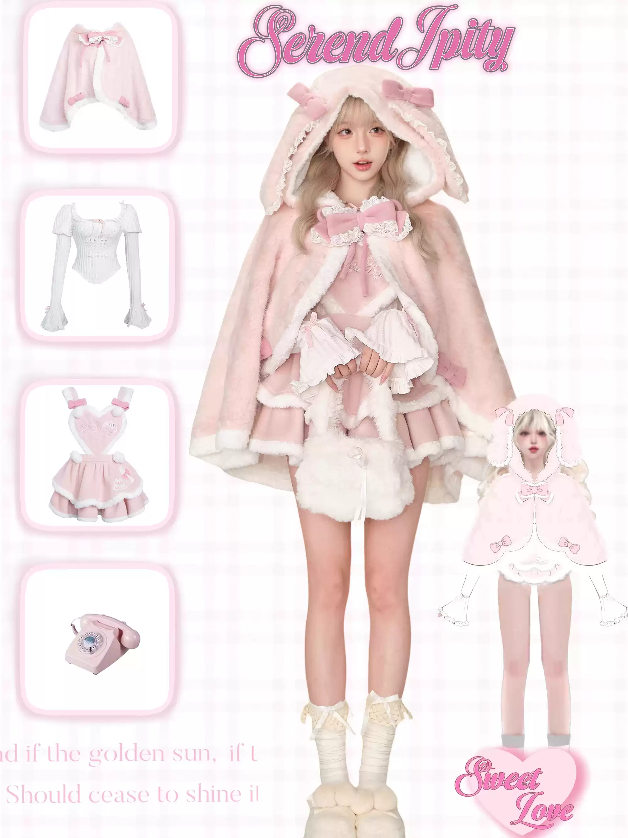Serendipity Strawberry Dessert White Top Pink Suspender Dress Rabbit Ears Cape Three Piece Set - Image 5
