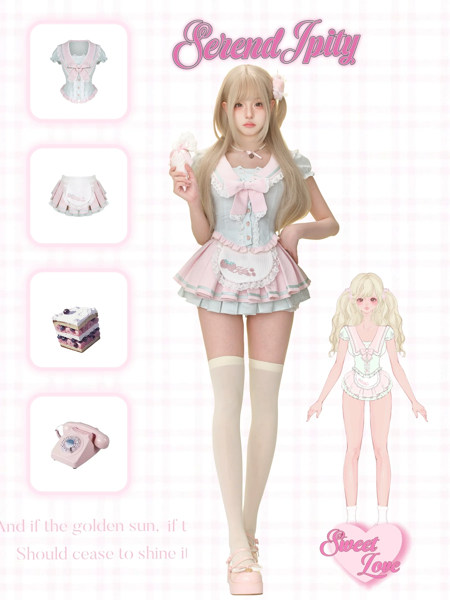 Serendipity Strawberry Smoothie Mint Pink Sailor Collar Top & Skirt Two Piece Set - Image 5