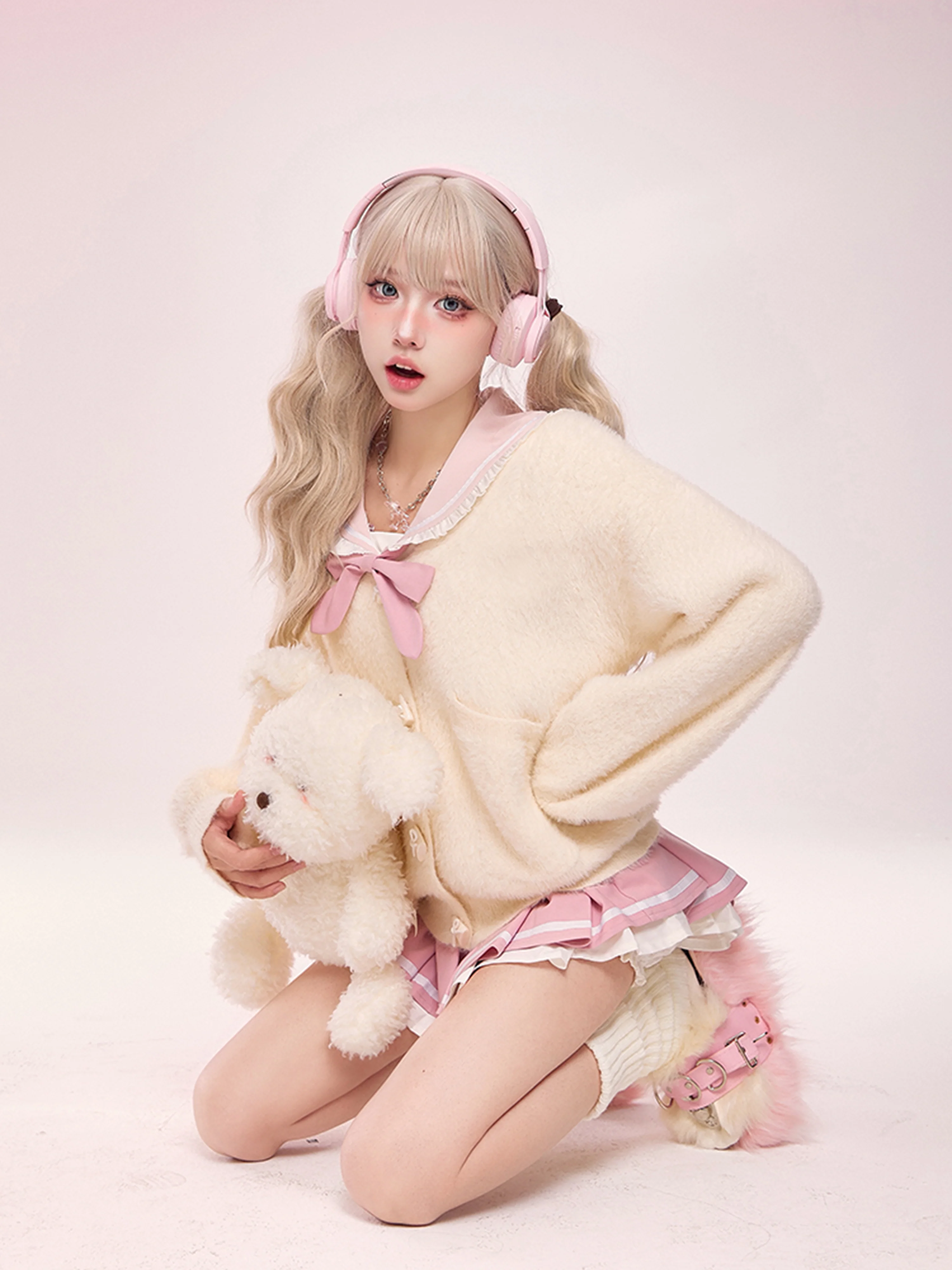 Serendipity Sweet Autumn Pink Bow Sailor Collar Seifuku Shirt & Pleated Skirt & White Cardigan Three Piece Set - Image 3
