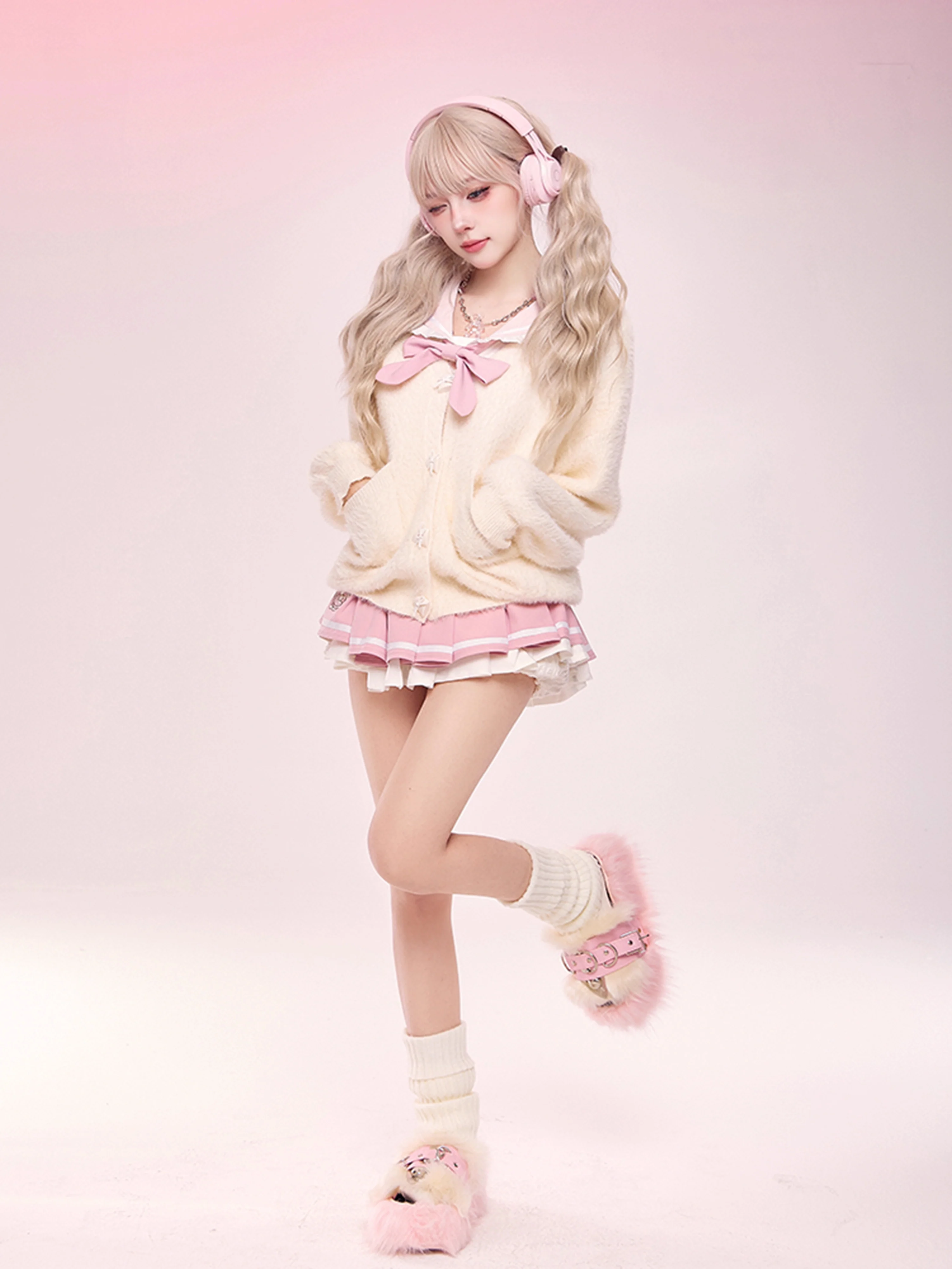 Serendipity Sweet Autumn Pink Bow Sailor Collar Seifuku Shirt & Pleated Skirt & White Cardigan Three Piece Set - Image 5