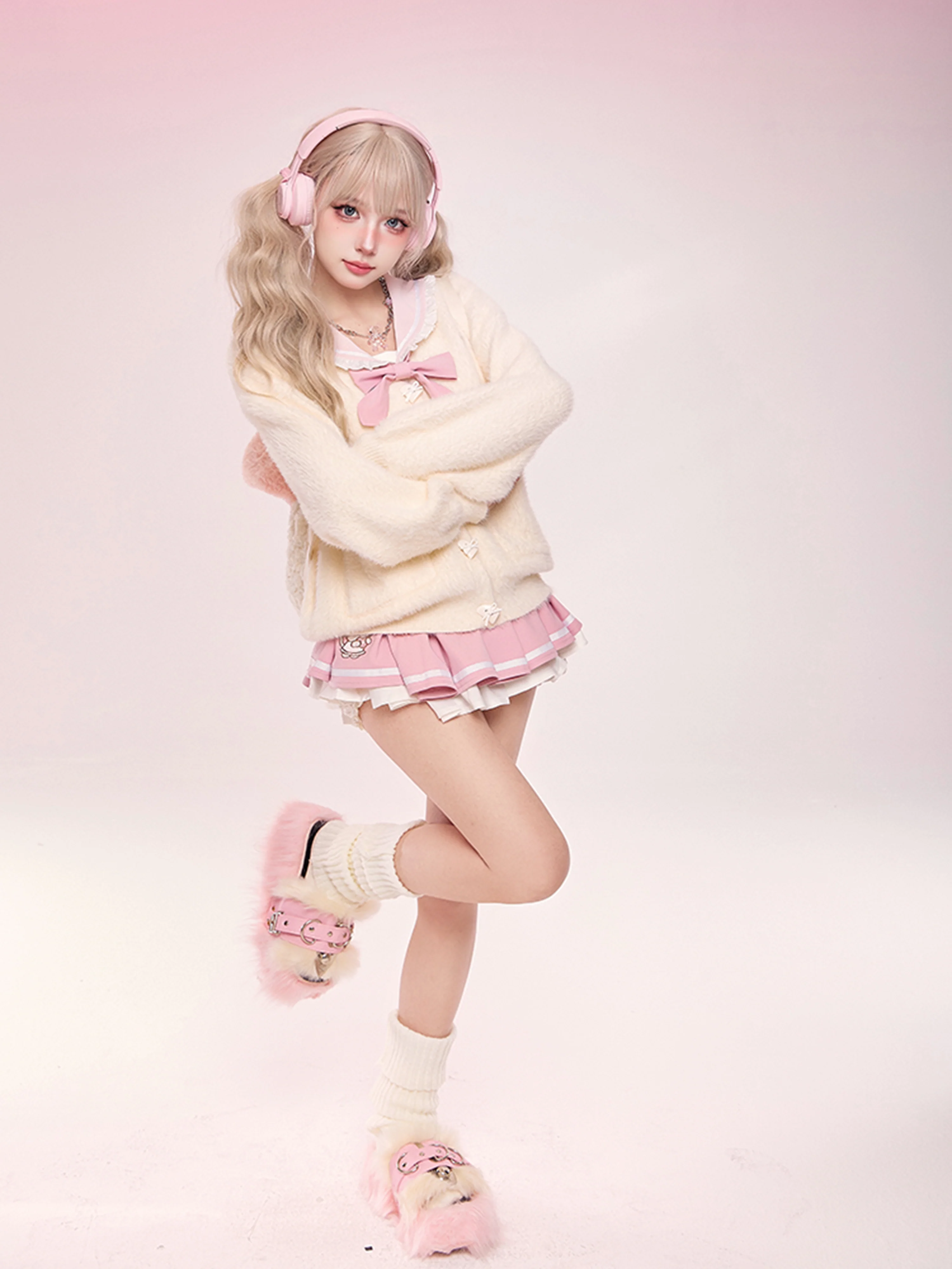 Serendipity Sweet Autumn Pink Bow Sailor Collar Seifuku Shirt & Pleated Skirt & White Cardigan Three Piece Set - Image 6