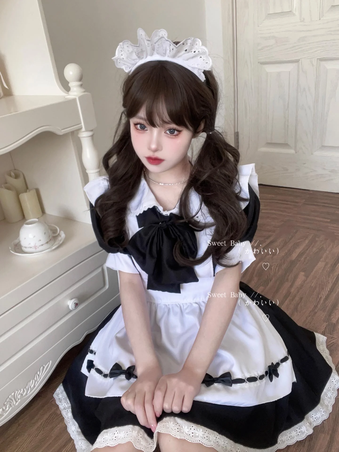 Serendipity Sweet Love Black Pink Bow Cosplay Maid Dress - Image 7
