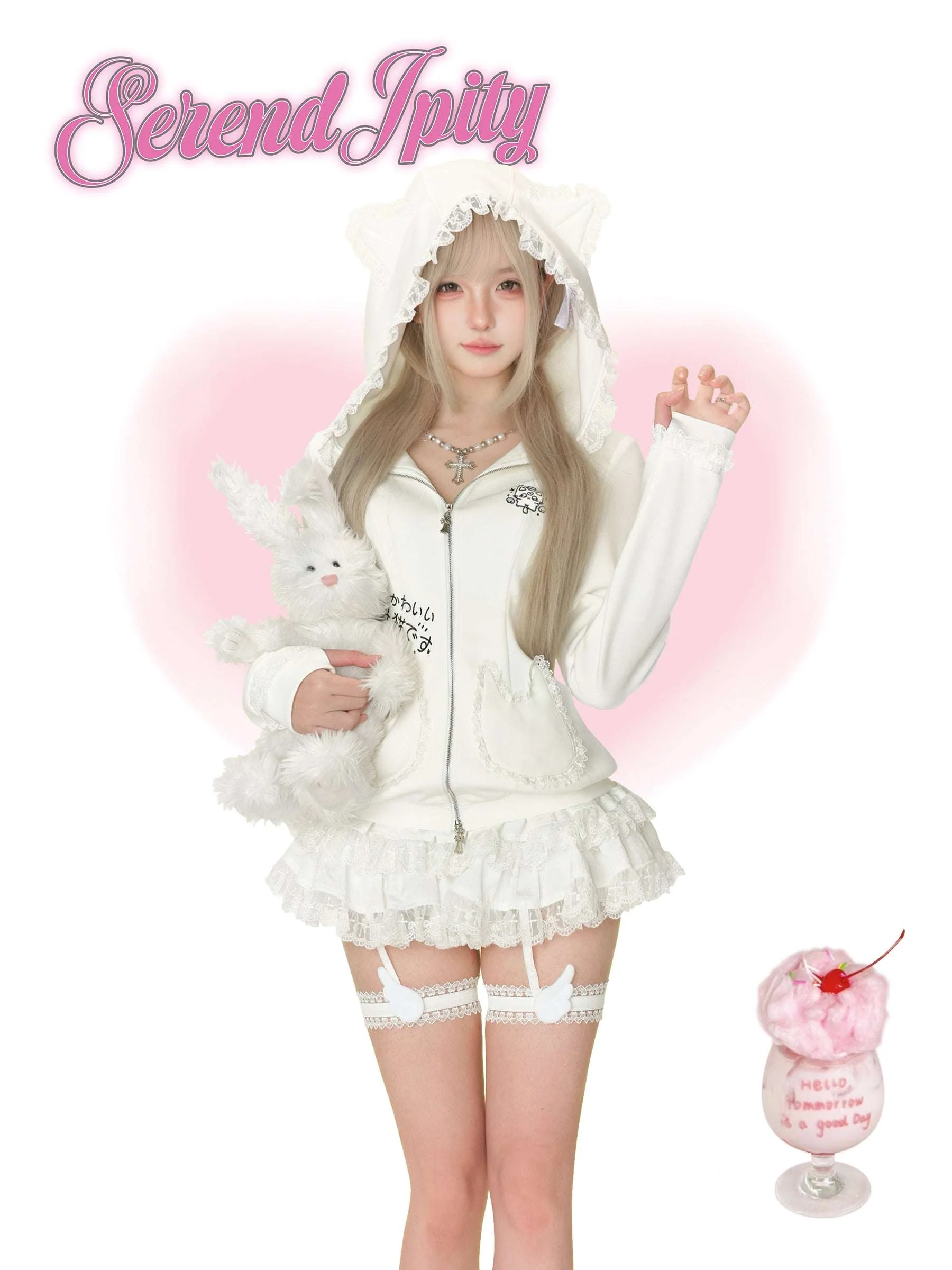 Serendipity White Cat House Hoodie & Skirt Two Piece Set
