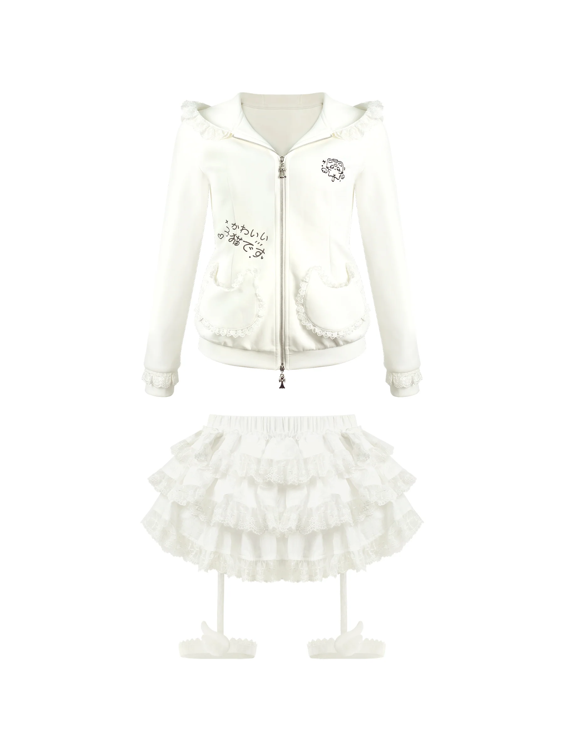 Serendipity White Cat House Hoodie & Skirt Two Piece Set - Image 2