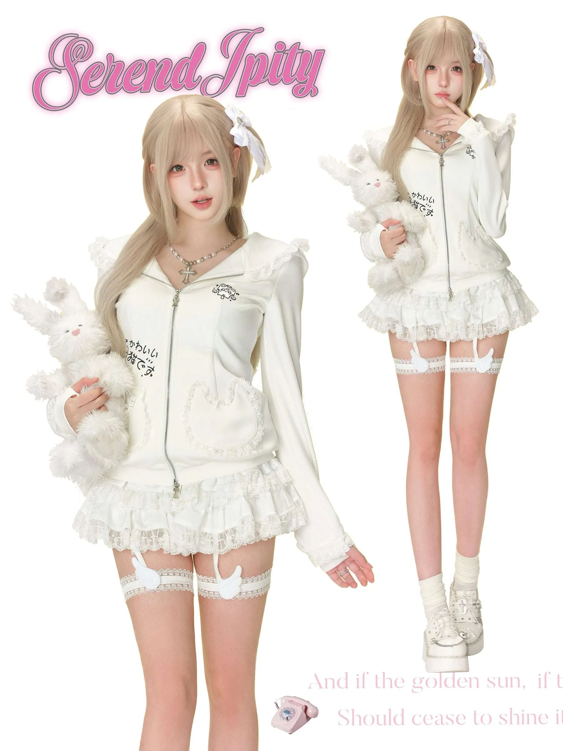 Serendipity White Cat House Hoodie & Skirt Two Piece Set - Image 3