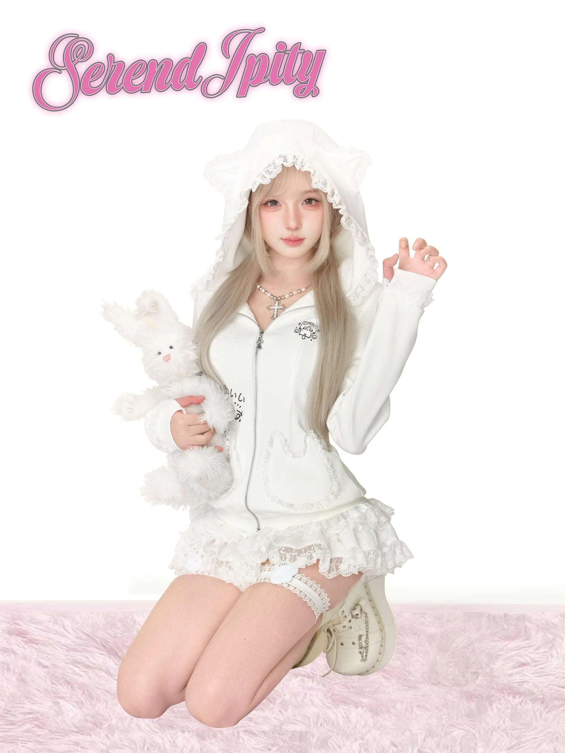 Serendipity White Cat House Hoodie & Skirt Two Piece Set - Image 4