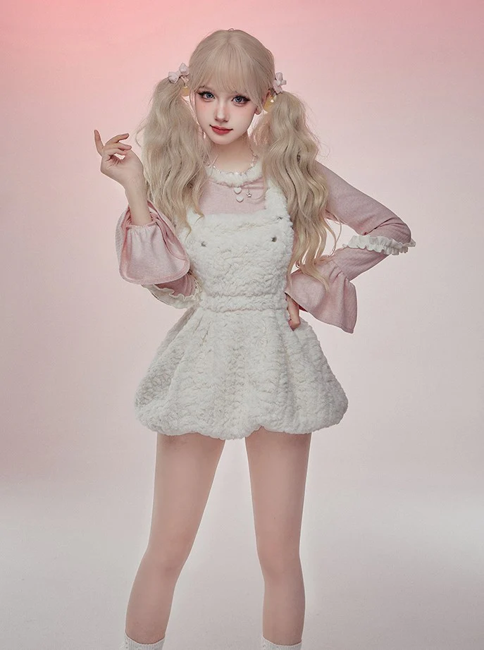 Serendipity Winter Peach Pink Sweater Top & Fur Plush White Suspender Dress Two Piece Set - Image 3