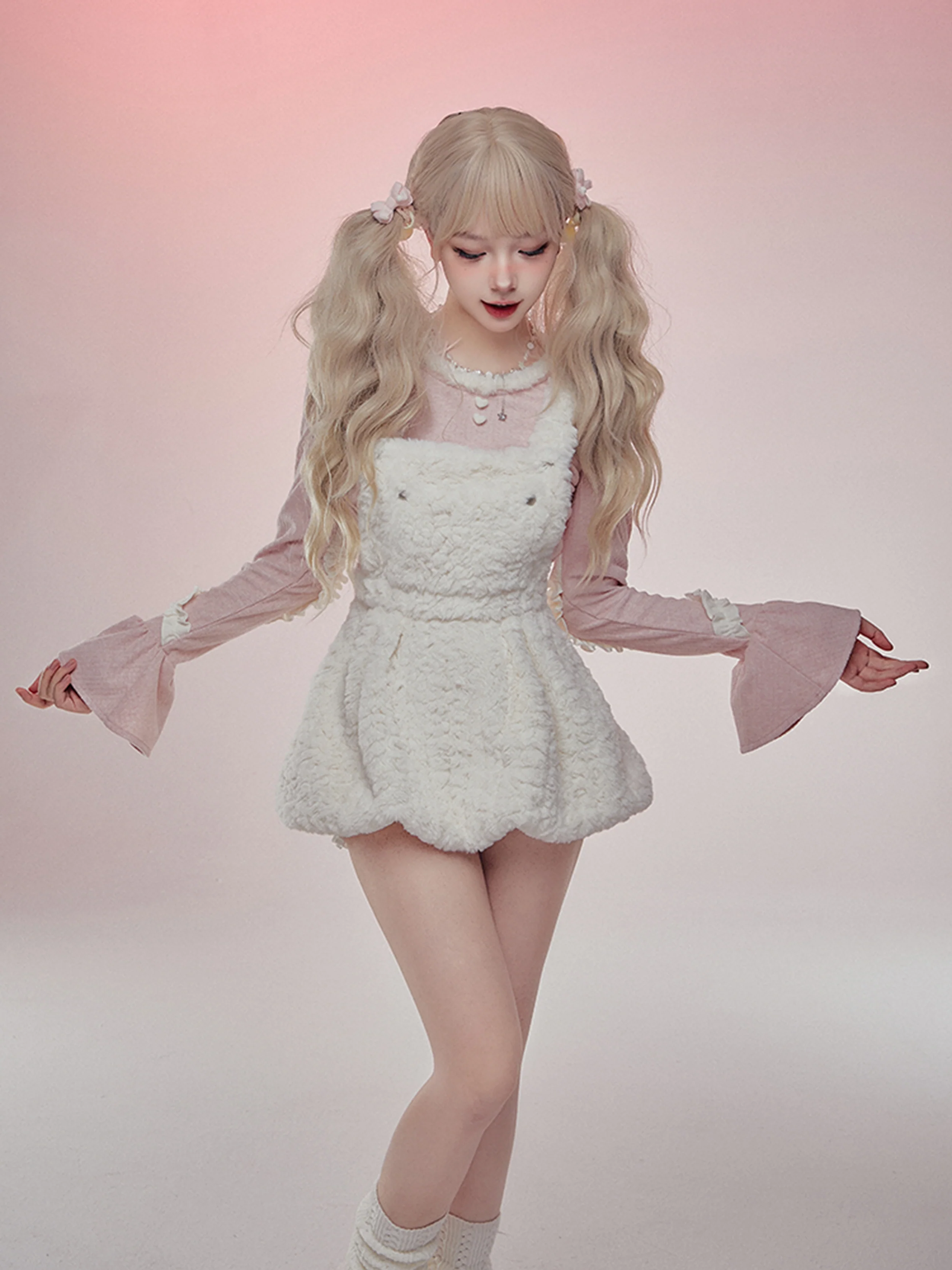 Serendipity Winter Peach Pink Sweater Top & Fur Plush White Suspender Dress Two Piece Set - Image 5