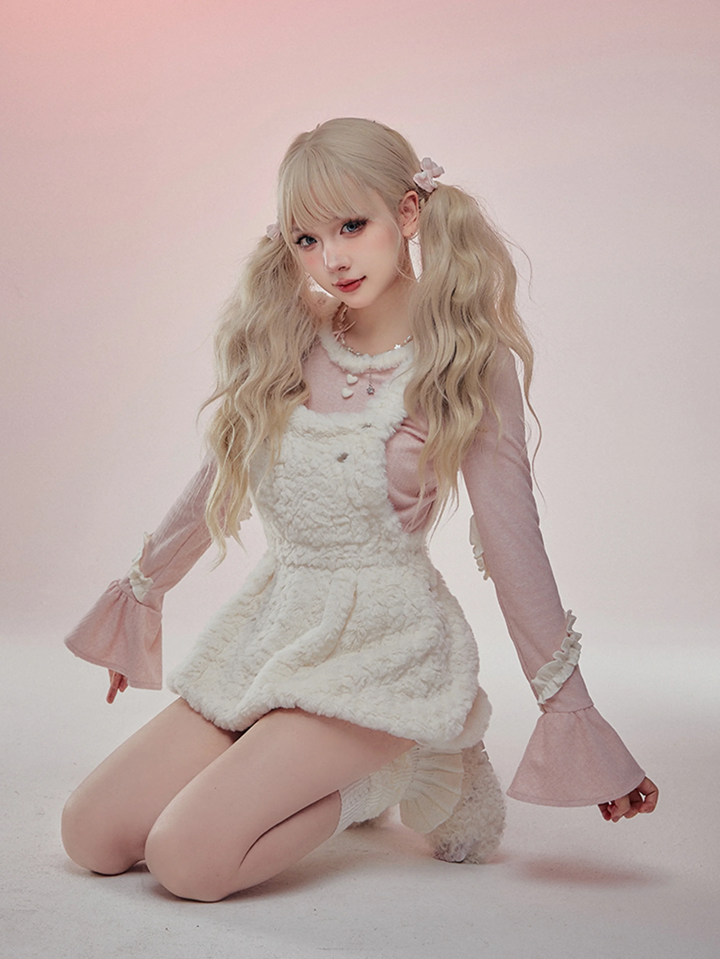 Serendipity Winter Peach Pink Sweater Top & Fur Plush White Suspender Dress Two Piece Set - Image 6