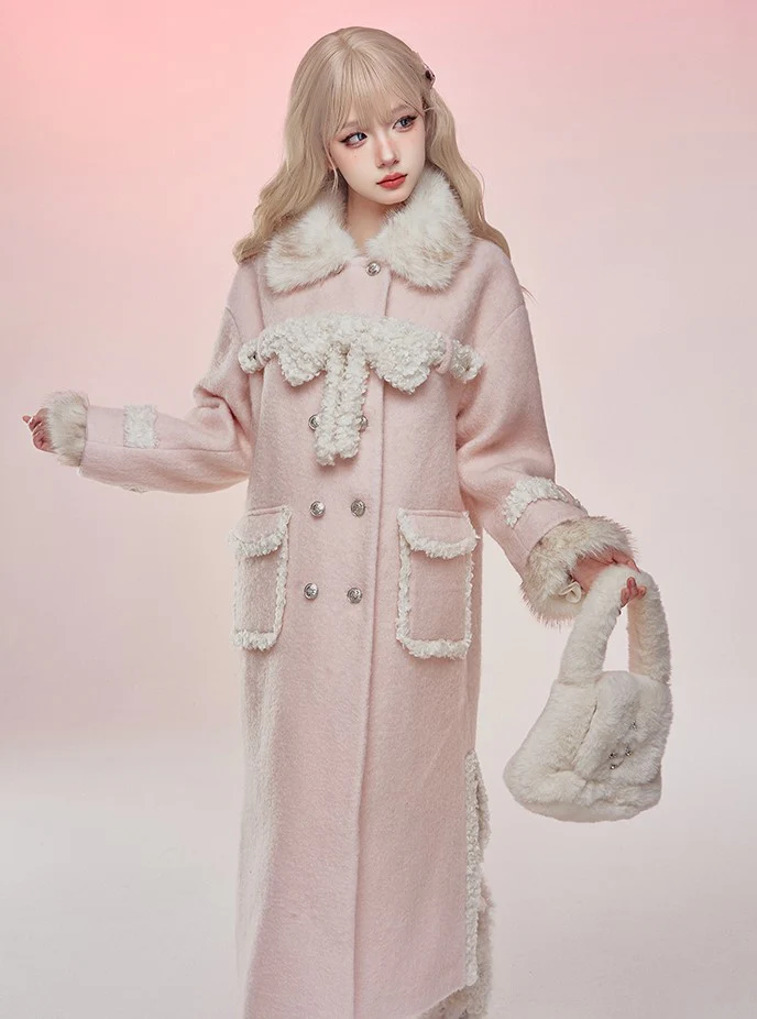 Serendipity Winter Pink Plush Long Woolen Coat & Mini Skirt Two Piece Set - Image 4