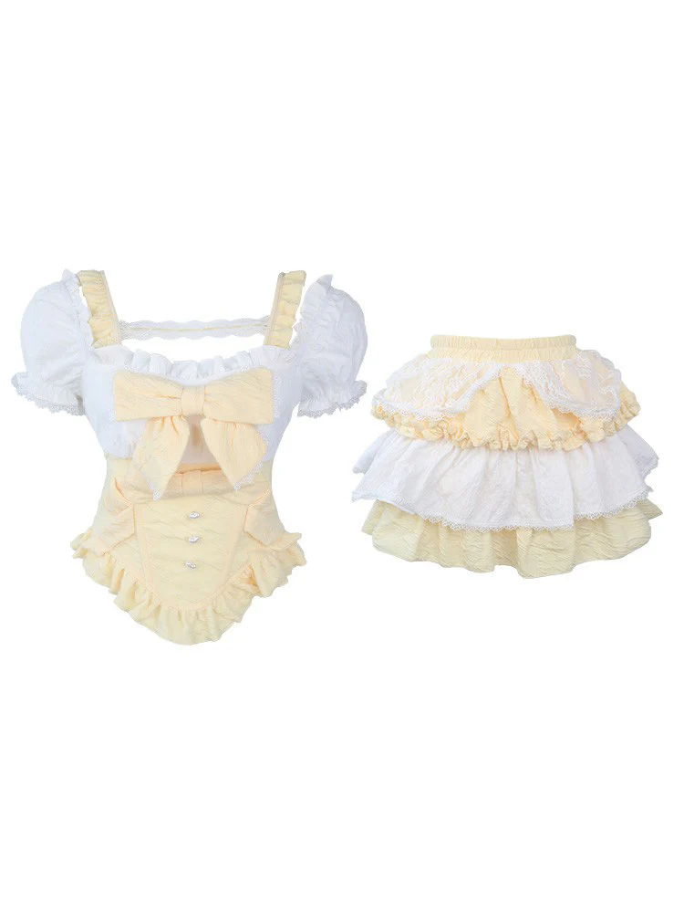 Serendipity Yellow Custard Puff Sleeve Top & Skirt Two Piece Set - Image 2