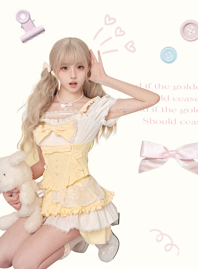 Serendipity Yellow Custard Puff Sleeve Top & Skirt Two Piece Set - Image 6