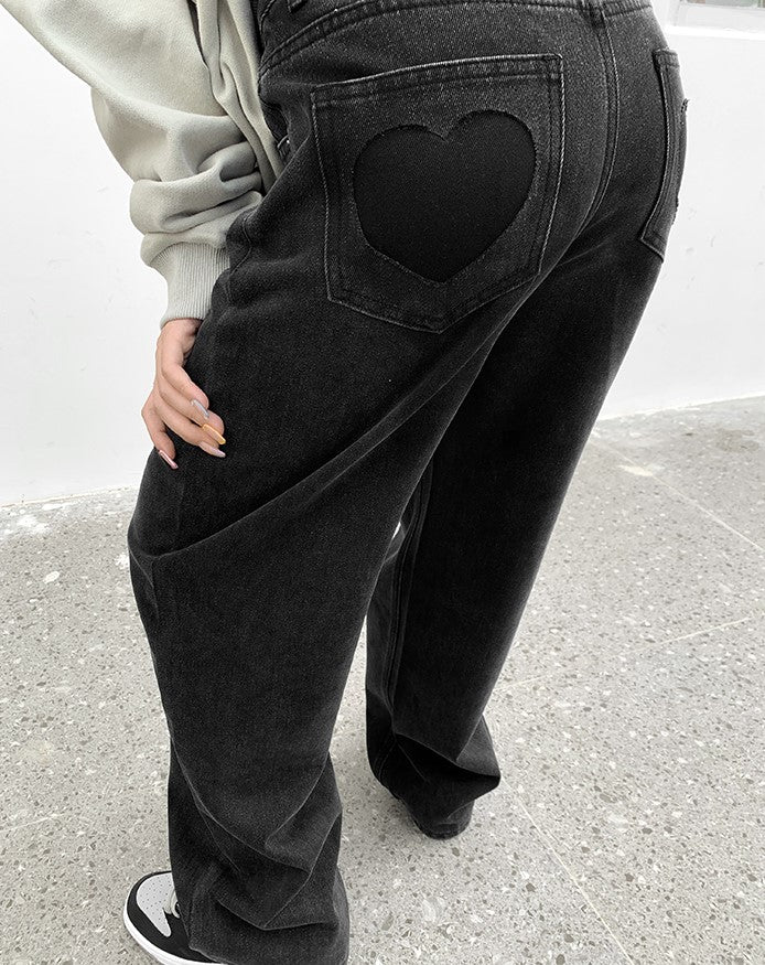 Street Black & Gray Heart High Waist Jeans Pants - Image 10