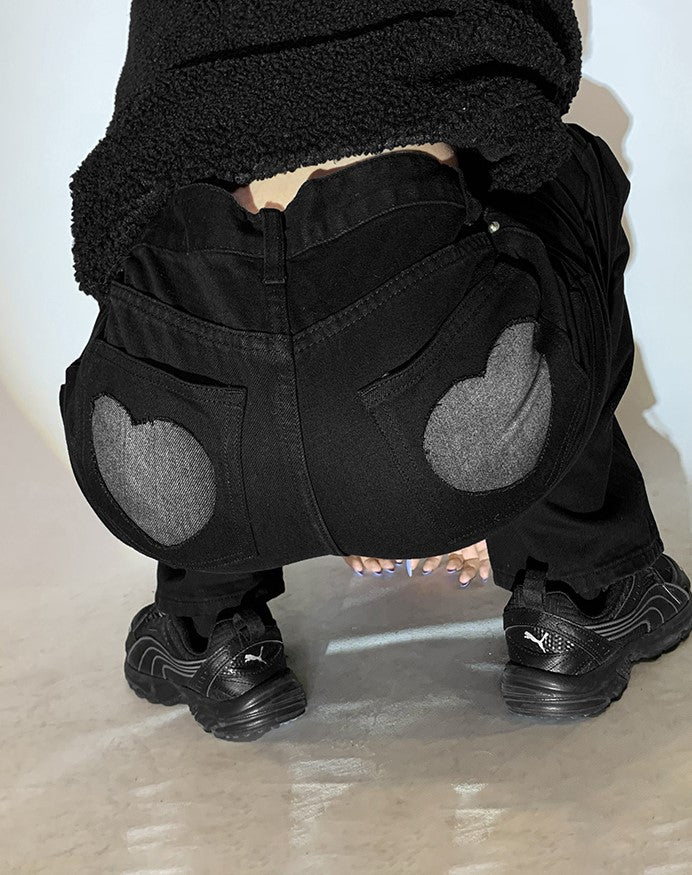Street Black & Gray Heart High Waist Jeans Pants - Image 3