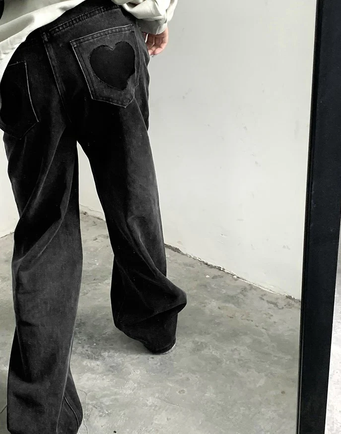 Street Black & Gray Heart High Waist Jeans Pants - Image 6