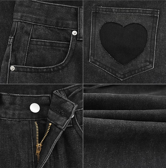 Street Black & Gray Heart High Waist Jeans Pants - Image 7