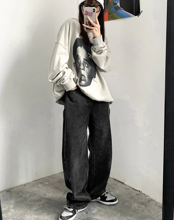 Street Black & Gray Heart High Waist Jeans Pants - Image 8