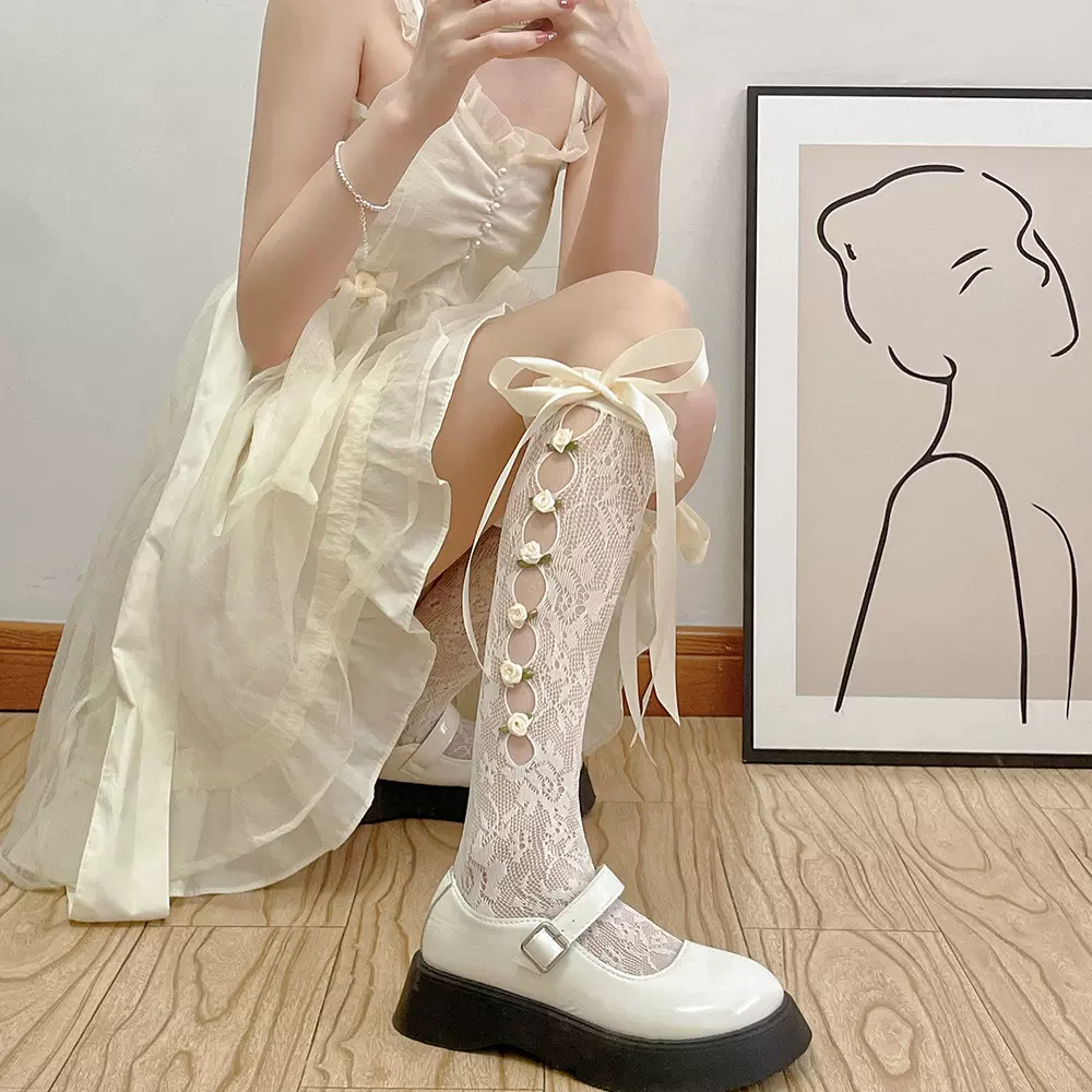 Silk Ribbon Bow Balletcore White Cream Black Purple Rose Lace Knee High Socks Stockings - Image 11