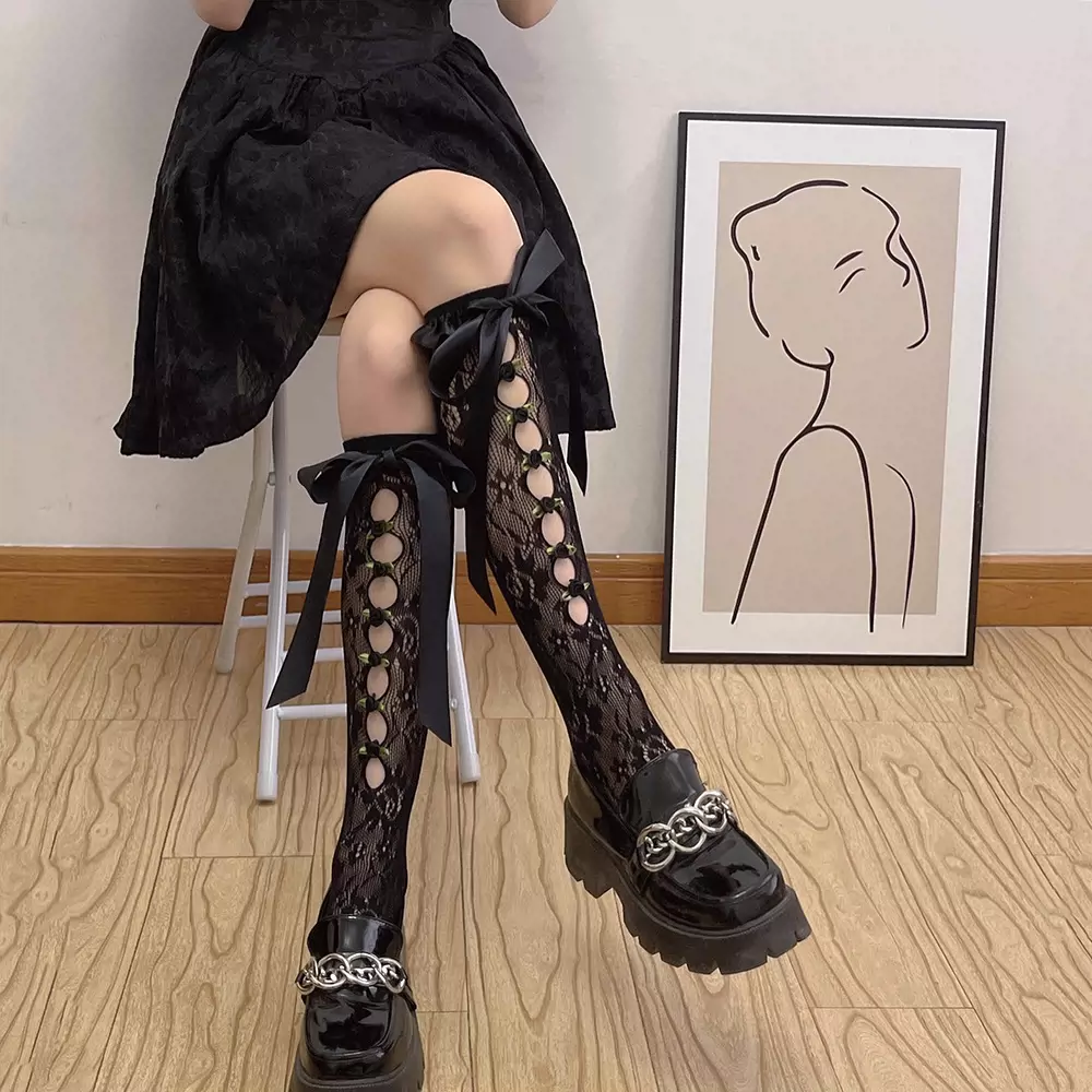 Silk Ribbon Bow Balletcore White Cream Black Purple Rose Lace Knee High Socks Stockings - Image 4