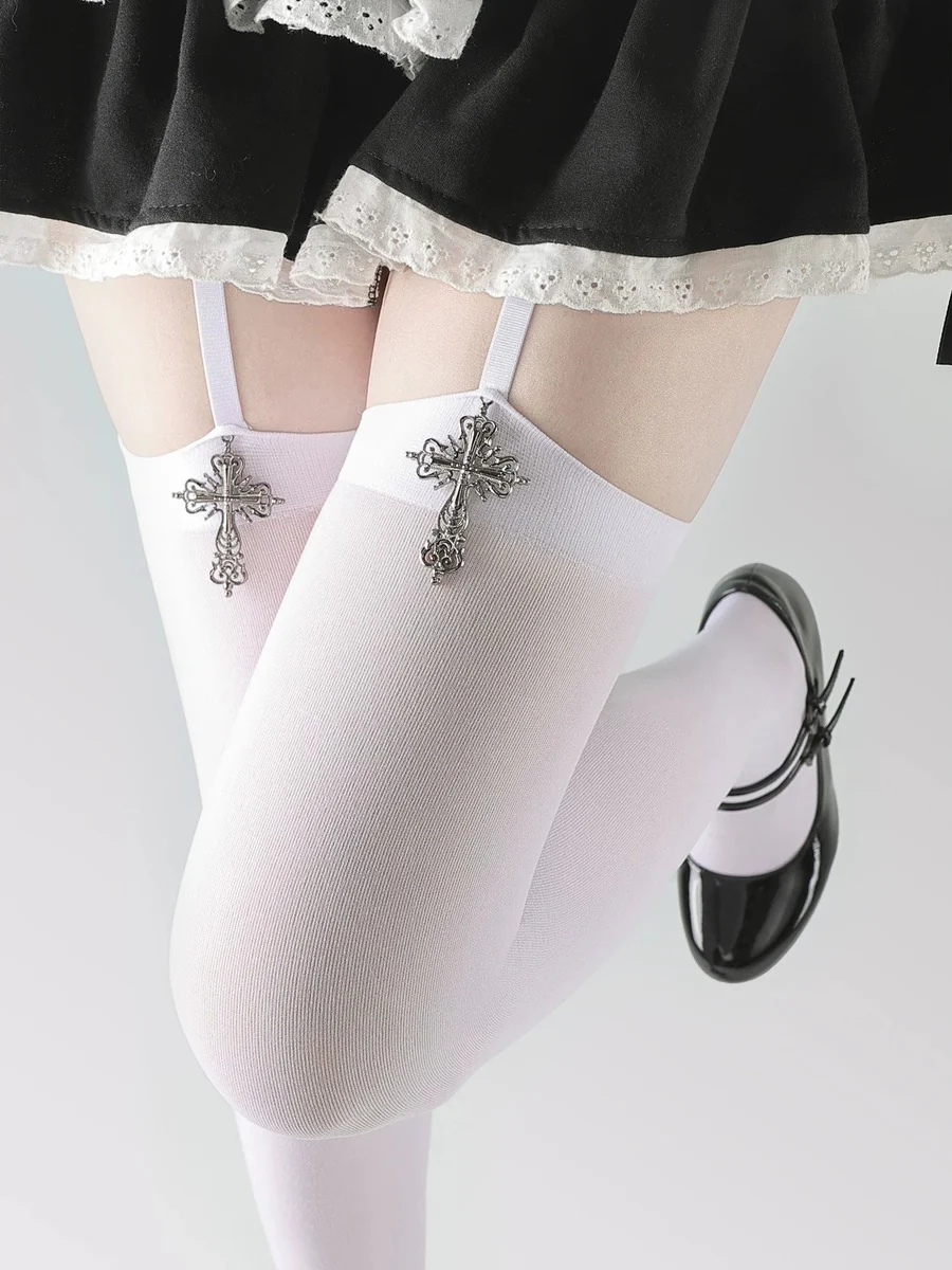 Silver Cross Velvet Black White Garter Belt Stockings - Image 3