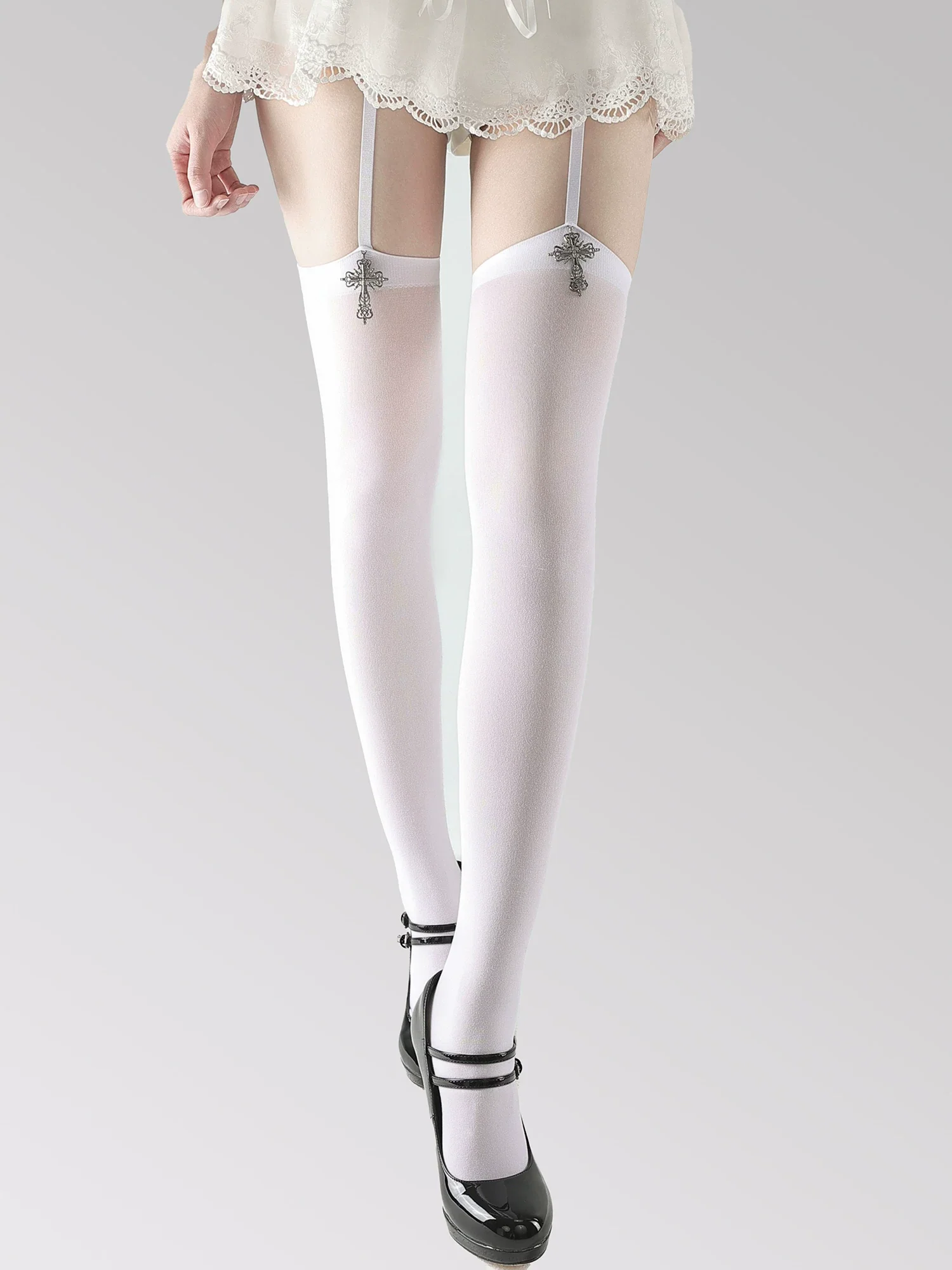 Silver Cross Velvet Black White Garter Belt Stockings - Image 6