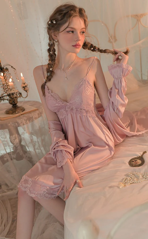 Smooth Silk Lace See Through White Pink Nightdress Nightgown Robe - Image 10