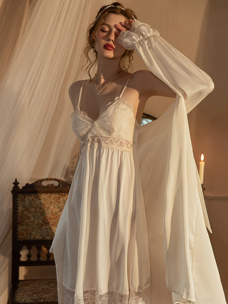 Smooth Silk Lace See Through White Pink Nightdress Nightgown Robe - Image 3
