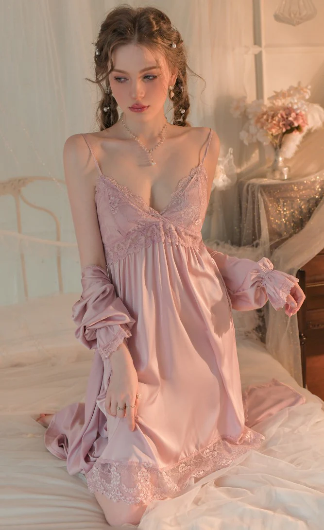 Smooth Silk Lace See Through White Pink Nightdress Nightgown Robe - Image 5