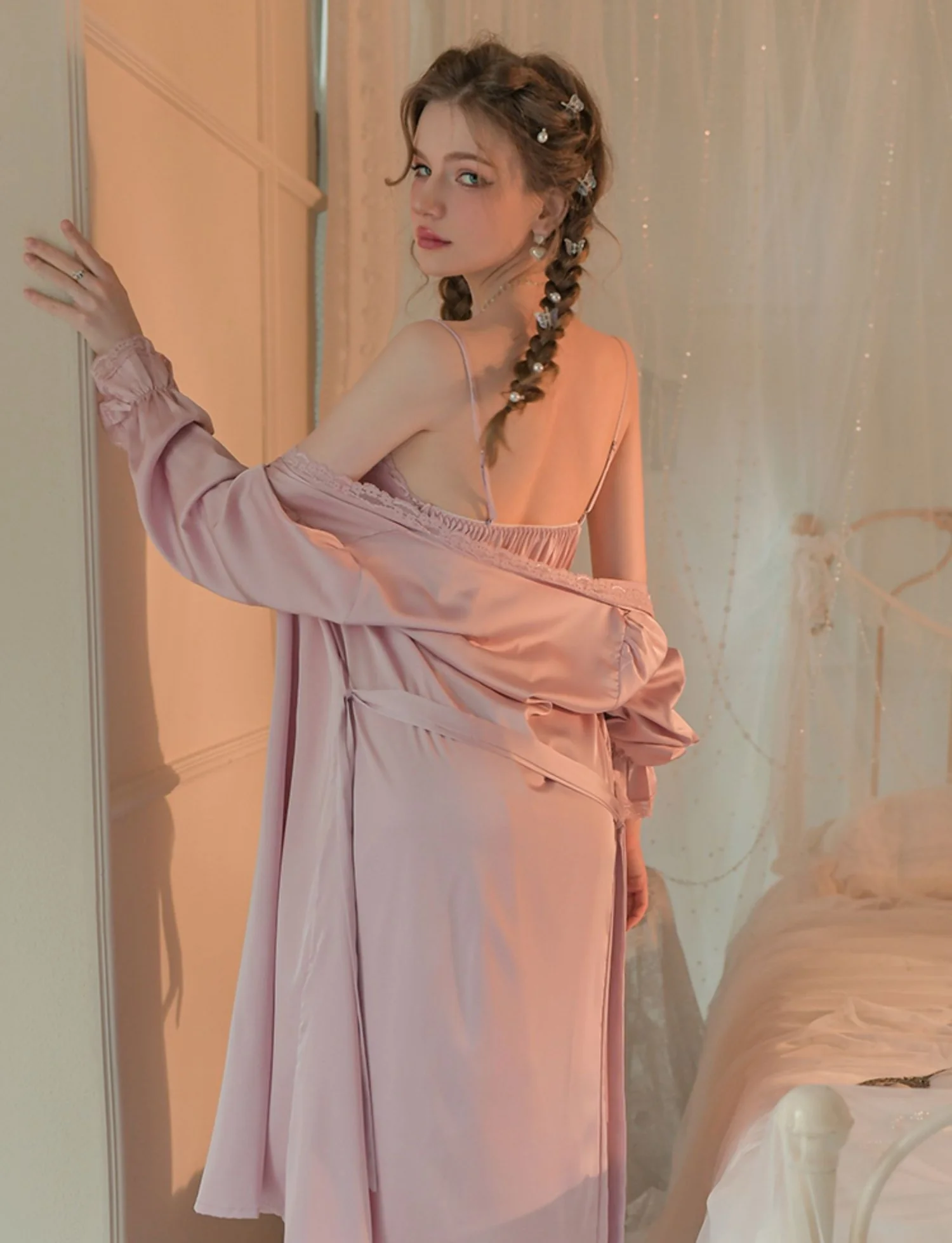 Smooth Silk Lace See Through White Pink Nightdress Nightgown Robe - Image 6