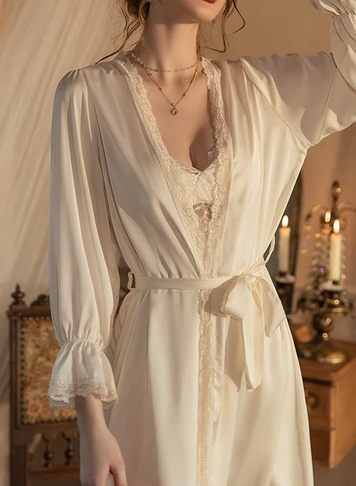 Smooth Silk Lace See Through White Pink Nightdress Nightgown Robe - Image 7