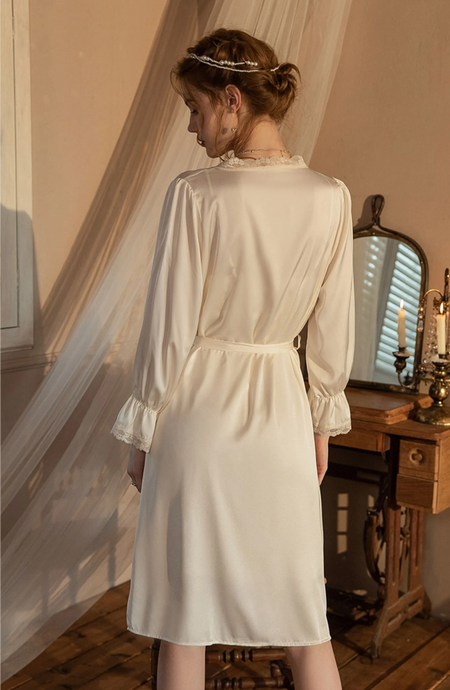Smooth Silk Lace See Through White Pink Nightdress Nightgown Robe - Image 9