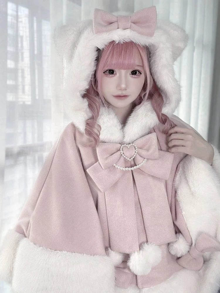 Snowball Meow Pink White Black Cat Ears Hooded Cape Cloak - Image 8