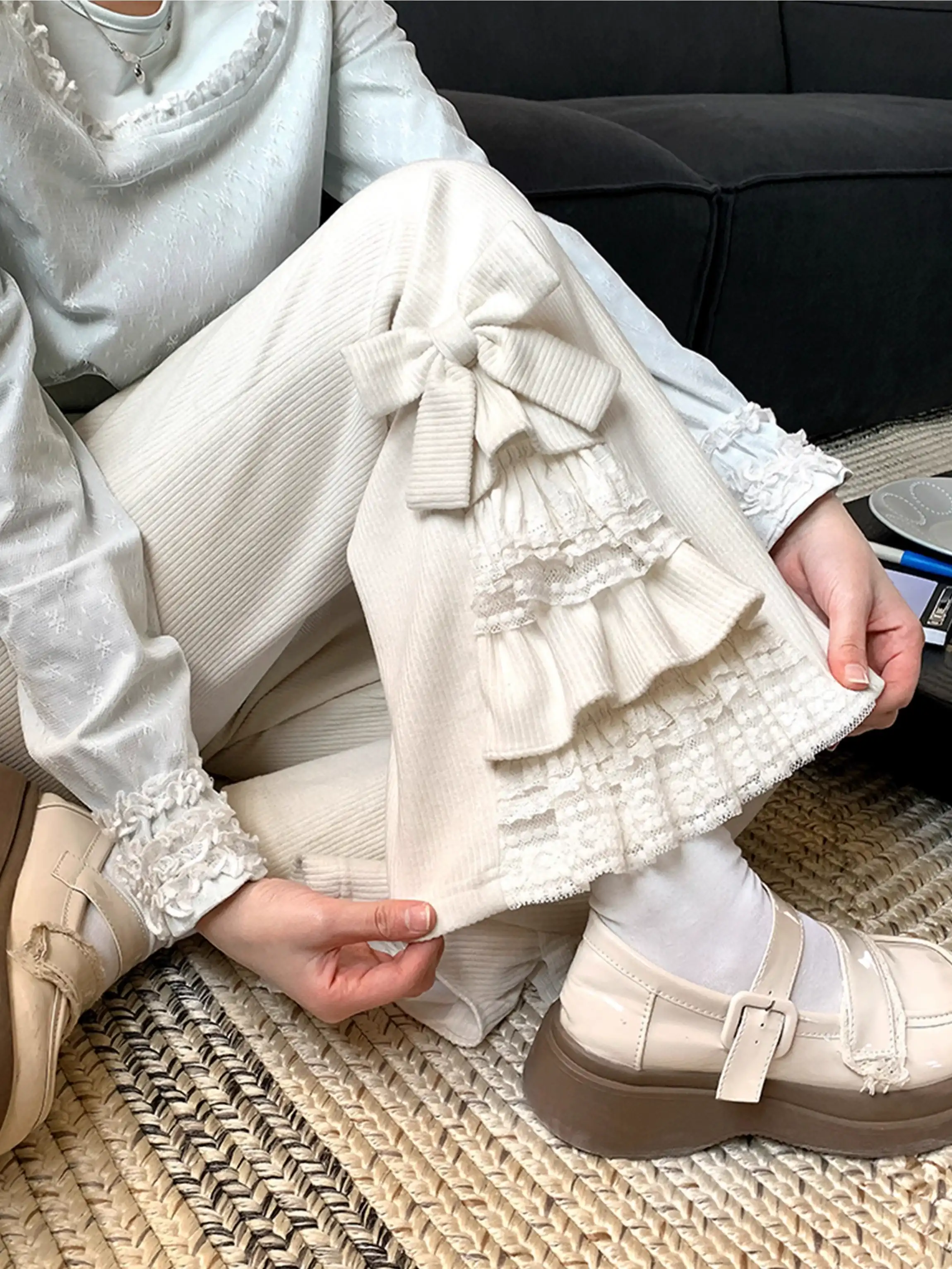 Soft Girl Cream White Bow Lace Elastic Waist Pants