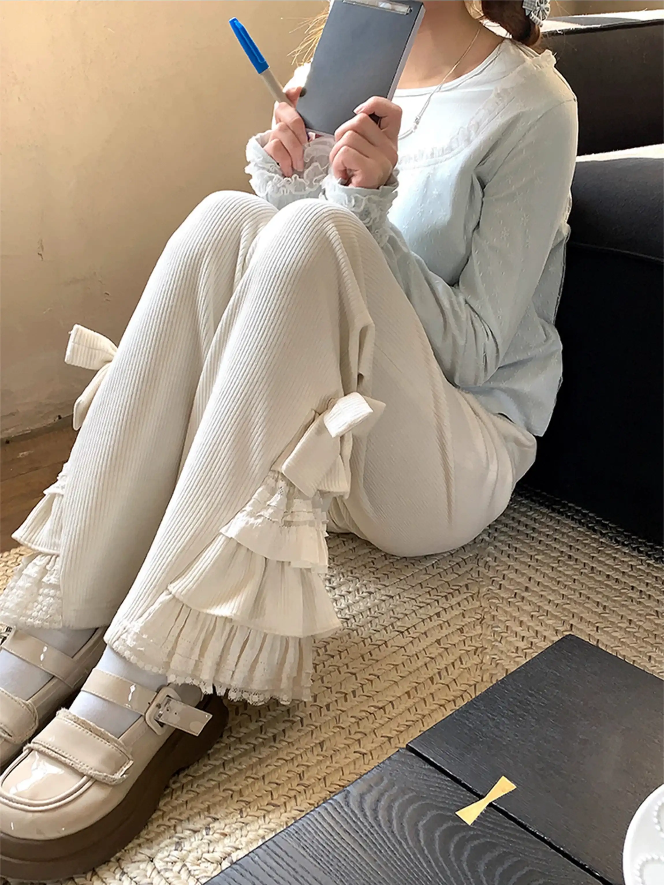 Soft Girl Cream White Bow Lace Elastic Waist Pants - Image 2