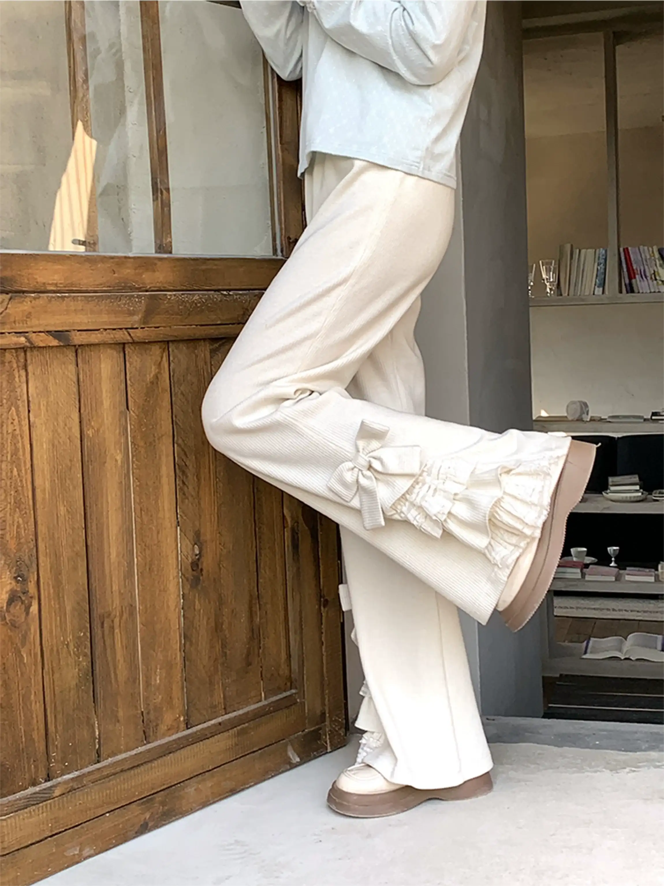 Soft Girl Cream White Bow Lace Elastic Waist Pants - Image 3