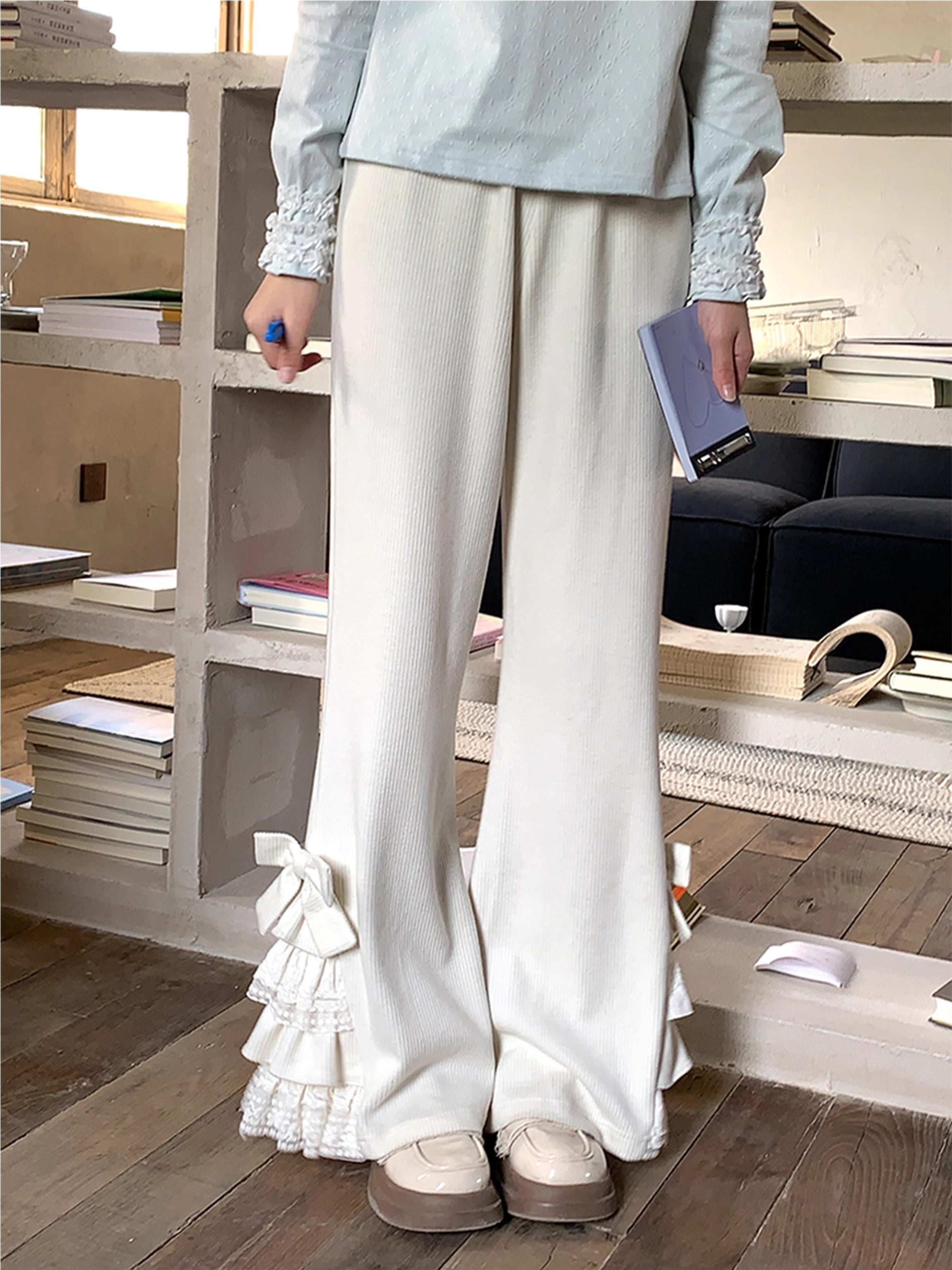 Soft Girl Cream White Bow Lace Elastic Waist Pants - Image 4