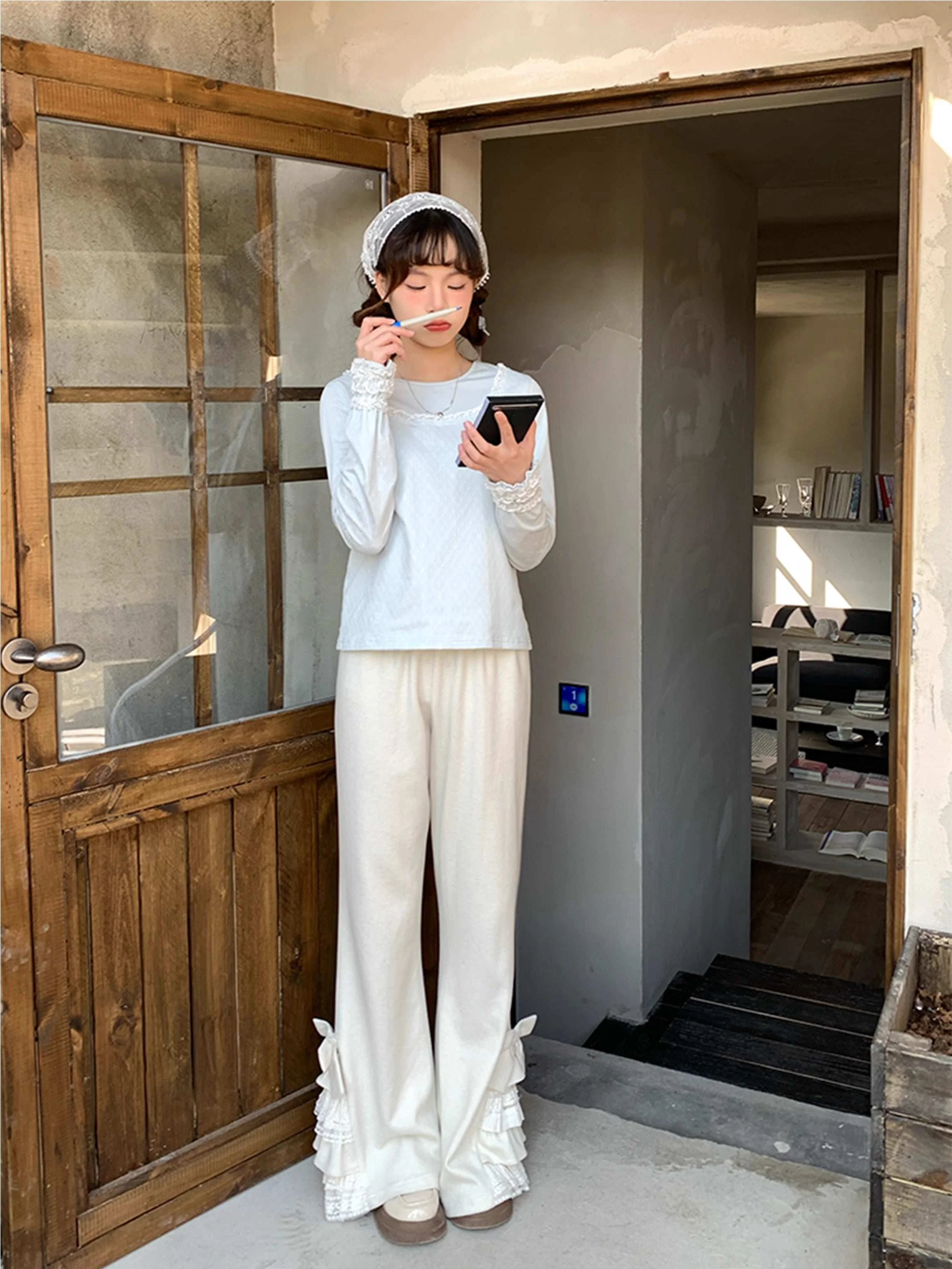 Soft Girl Cream White Bow Lace Elastic Waist Pants - Image 5