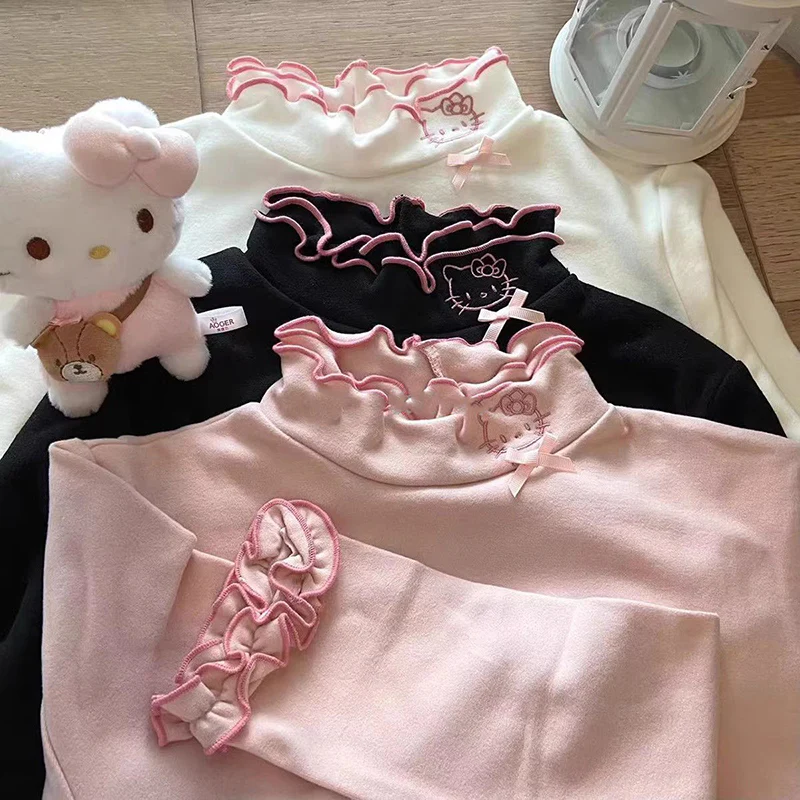 Soft Ruffled Collar Sleeve Pink White Black Kitty Cat Velvet Shirt Top - Image 2