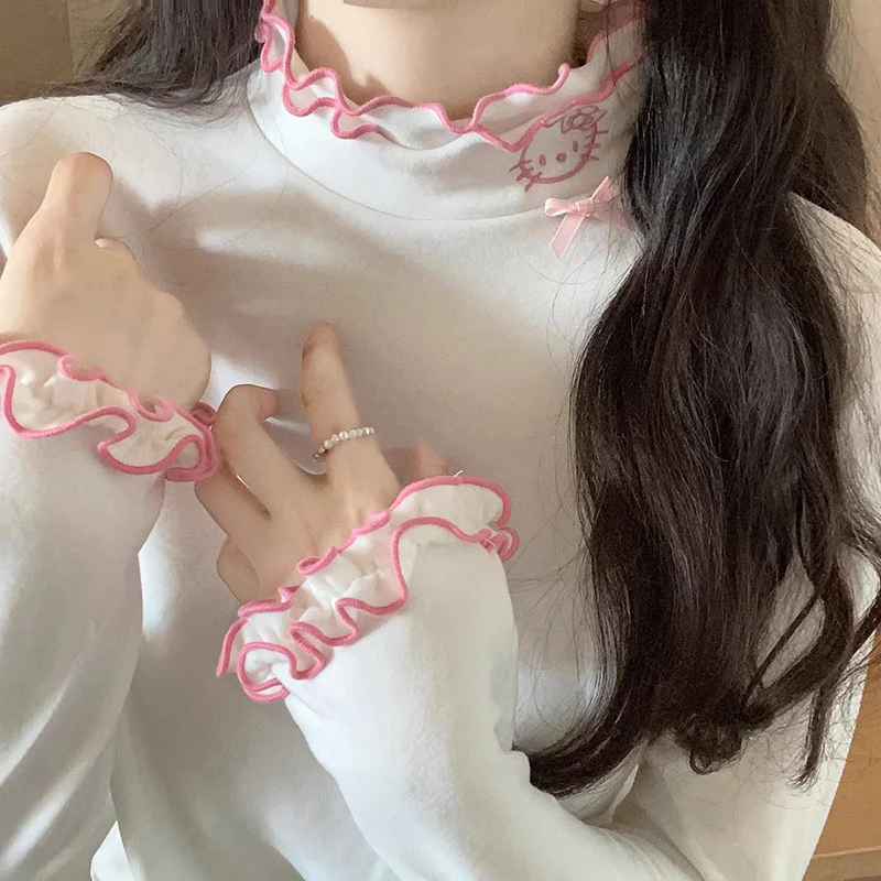 Soft Ruffled Collar Sleeve Pink White Black Kitty Cat Velvet Shirt Top - Image 3