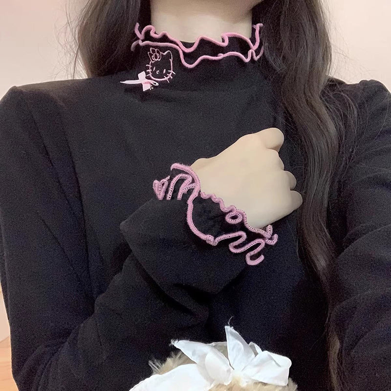 Soft Ruffled Collar Sleeve Pink White Black Kitty Cat Velvet Shirt Top - Image 4