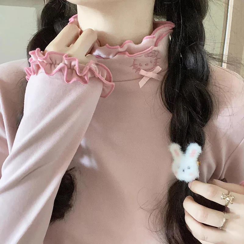 Soft Ruffled Collar Sleeve Pink White Black Kitty Cat Velvet Shirt Top - Image 5