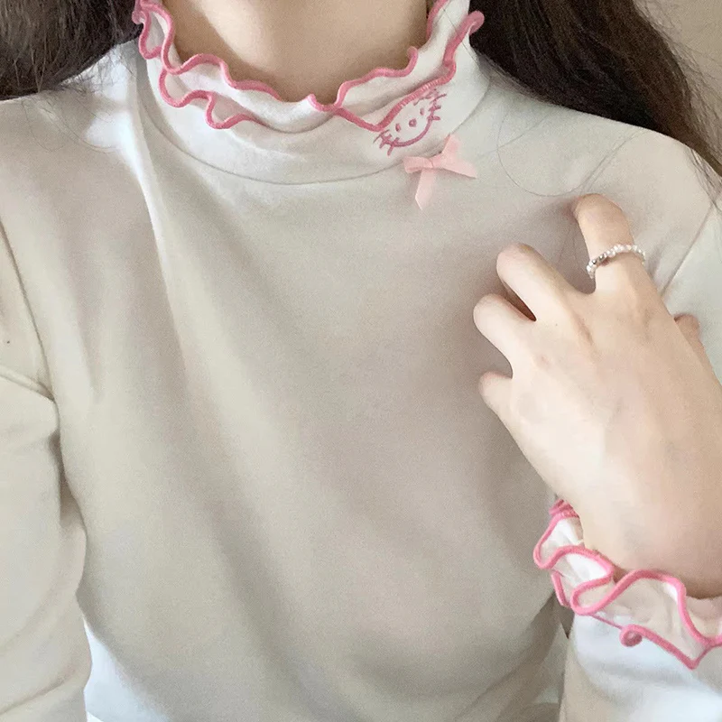 Soft Ruffled Collar Sleeve Pink White Black Kitty Cat Velvet Shirt Top - Image 6