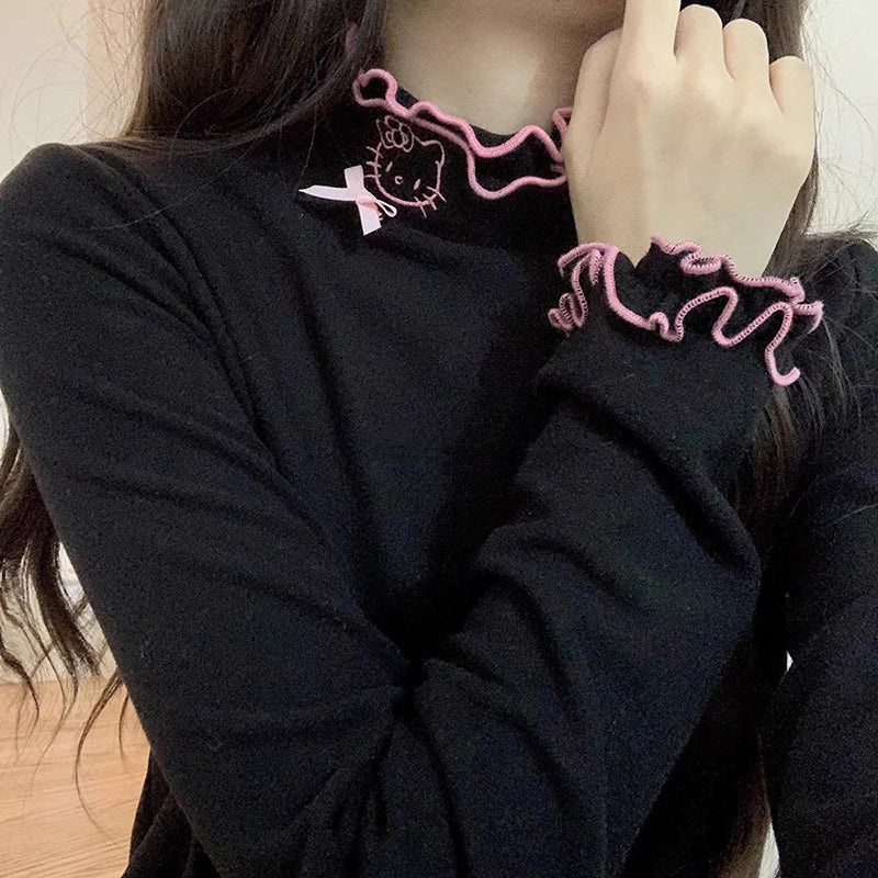 Soft Ruffled Collar Sleeve Pink White Black Kitty Cat Velvet Shirt Top - Image 7