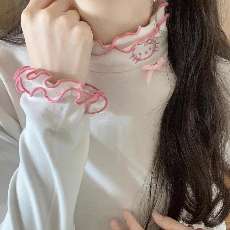 Soft Ruffled Collar Sleeve Pink White Black Kitty Cat Velvet Shirt Top - Image 8