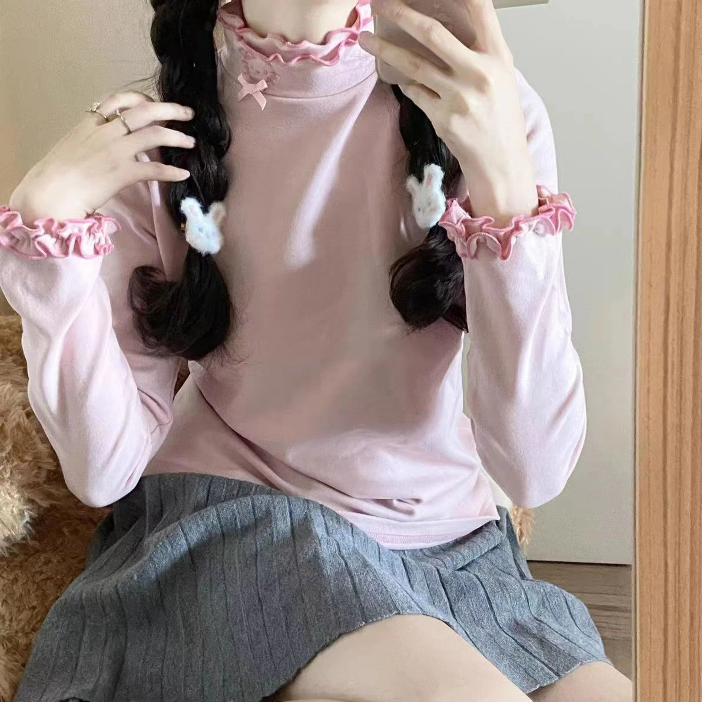 Soft Ruffled Collar Sleeve Pink White Black Kitty Cat Velvet Shirt Top - Image 9